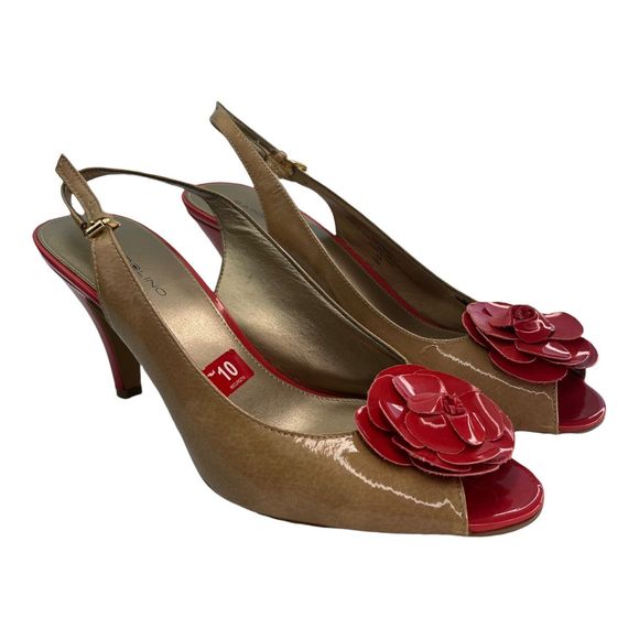 Bandolino Shoes - Bandolino Women's Peep Toe Sandals Heel Tan Faux Patent Ankle Slingback Size10M